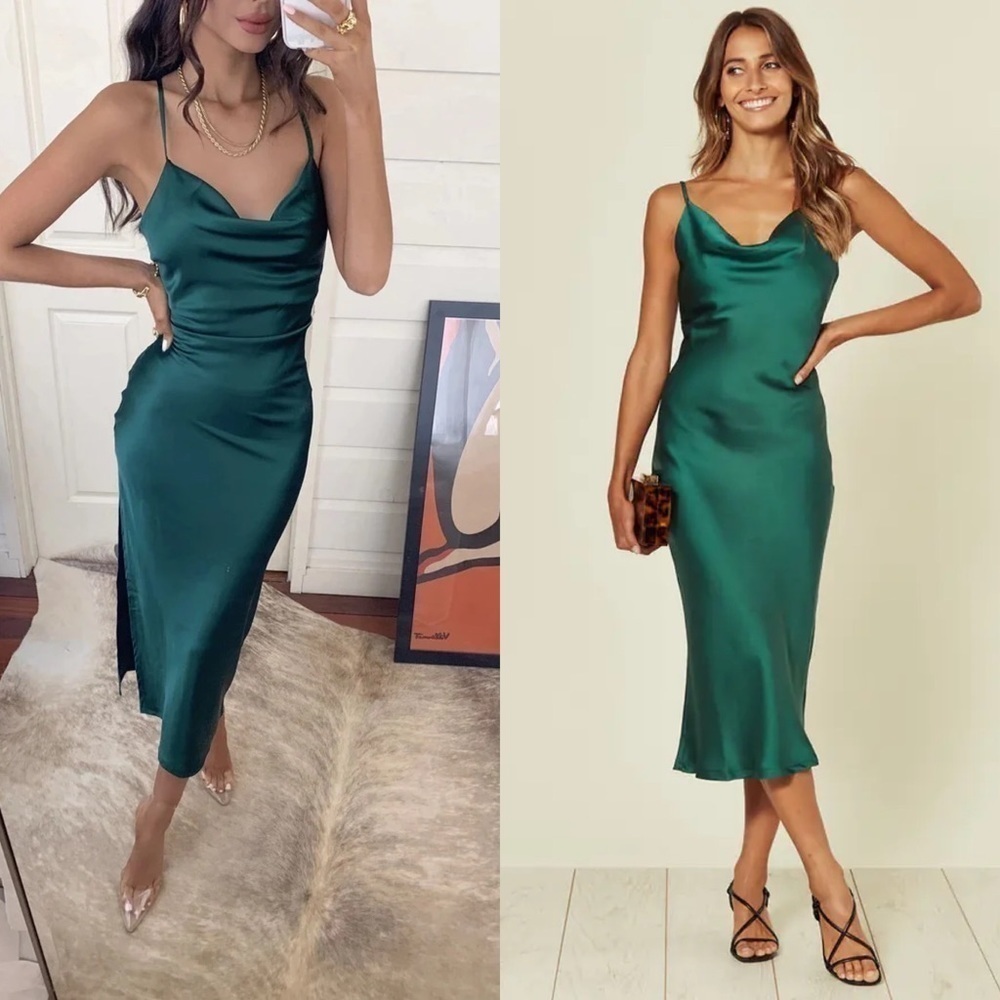 NWT Slideshow Pretty Lavish cami satin Midi Slip Dress cowl neck emerald green 8